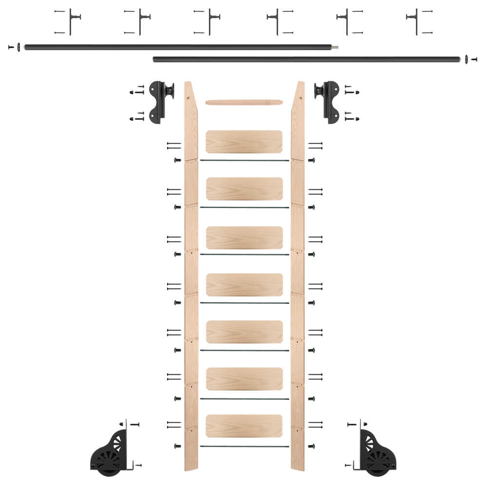 Rolling 8' maple Ladder Kit, Black, with 12' total railing