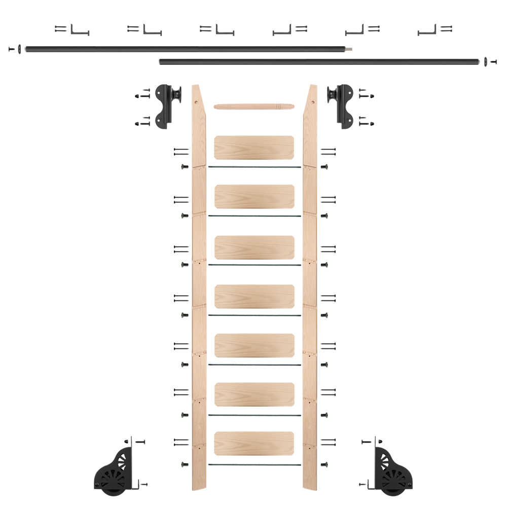 Rolling 8' maple Ladder Kit, Black with 12' of railing