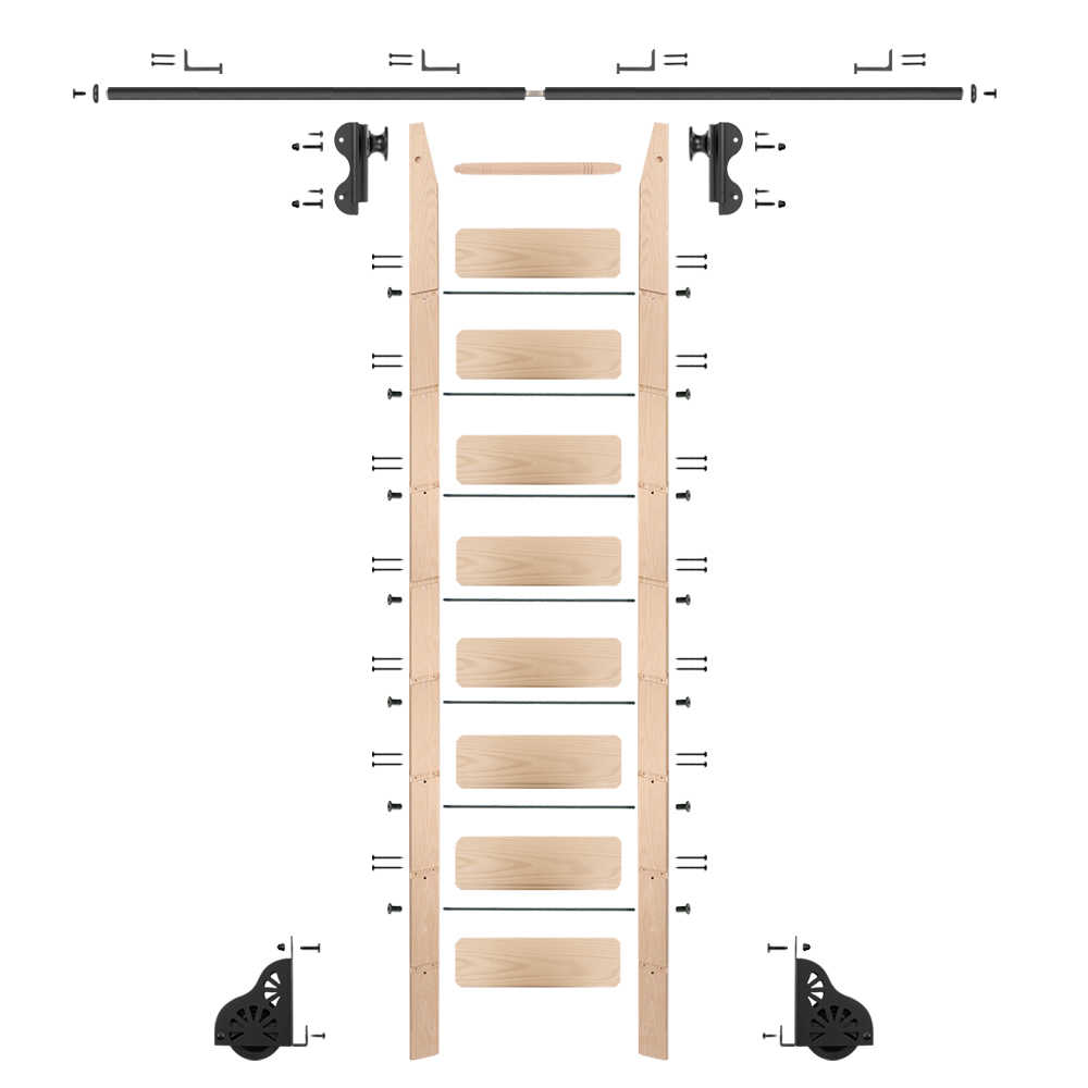 Rolling 9' maple Ladder Kit, black, with 8' of railing