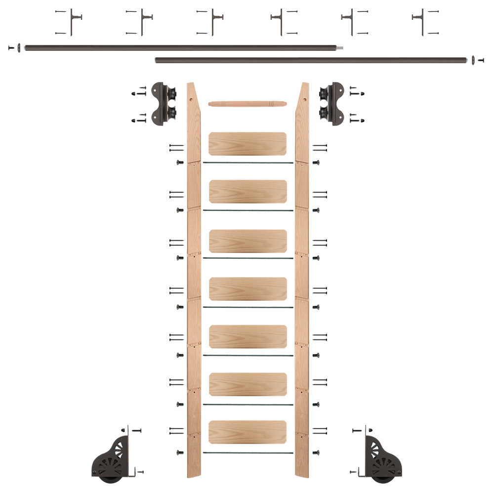 8 Ft. Rolling Library Red Oak Ladder Kit with 12 Feet of Track Oil Rubbed Bronze