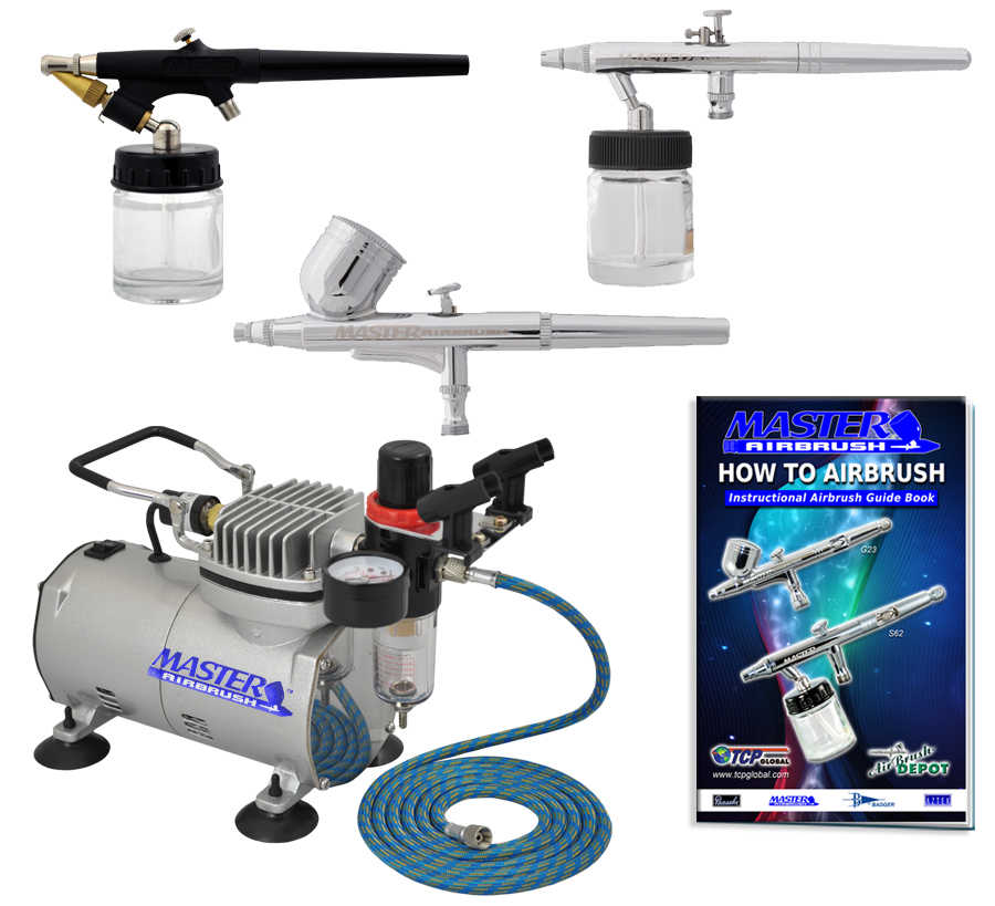 Pro Airbrush System with Set of 3 Airbrushes, Air Compressor Kit Dual-Action