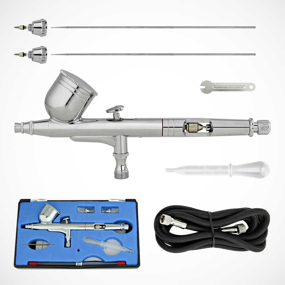 PRO Gravity Feed Dual-Action Airbrush Kit Hobby Set w/ 6ft Air Hose & 3 Tips