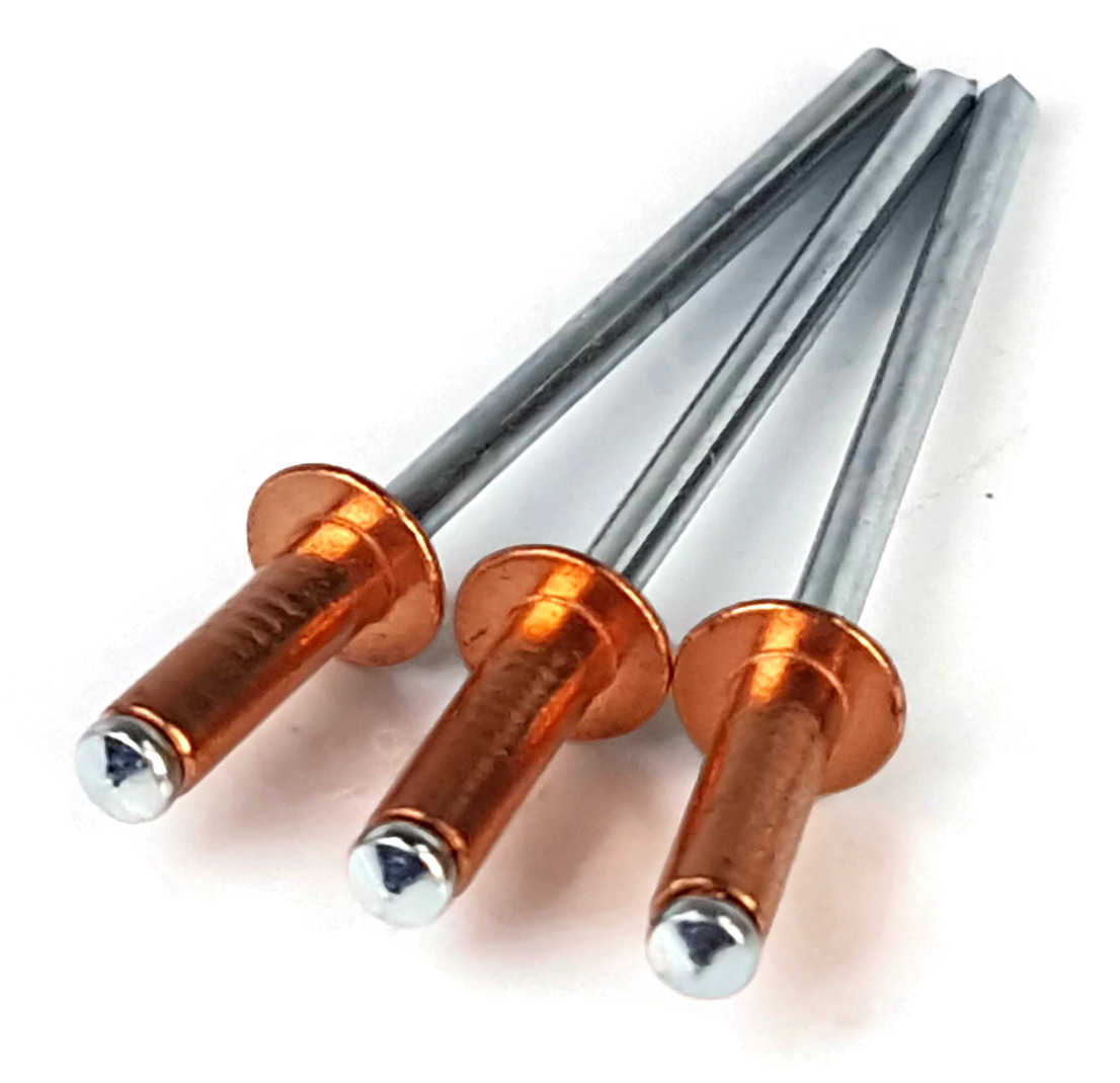 #44 (1/8' Diameter, 0.188-0.250 Grip) Blind Copper Pop Rivets - Steel Mandrel - 250 Pieces
