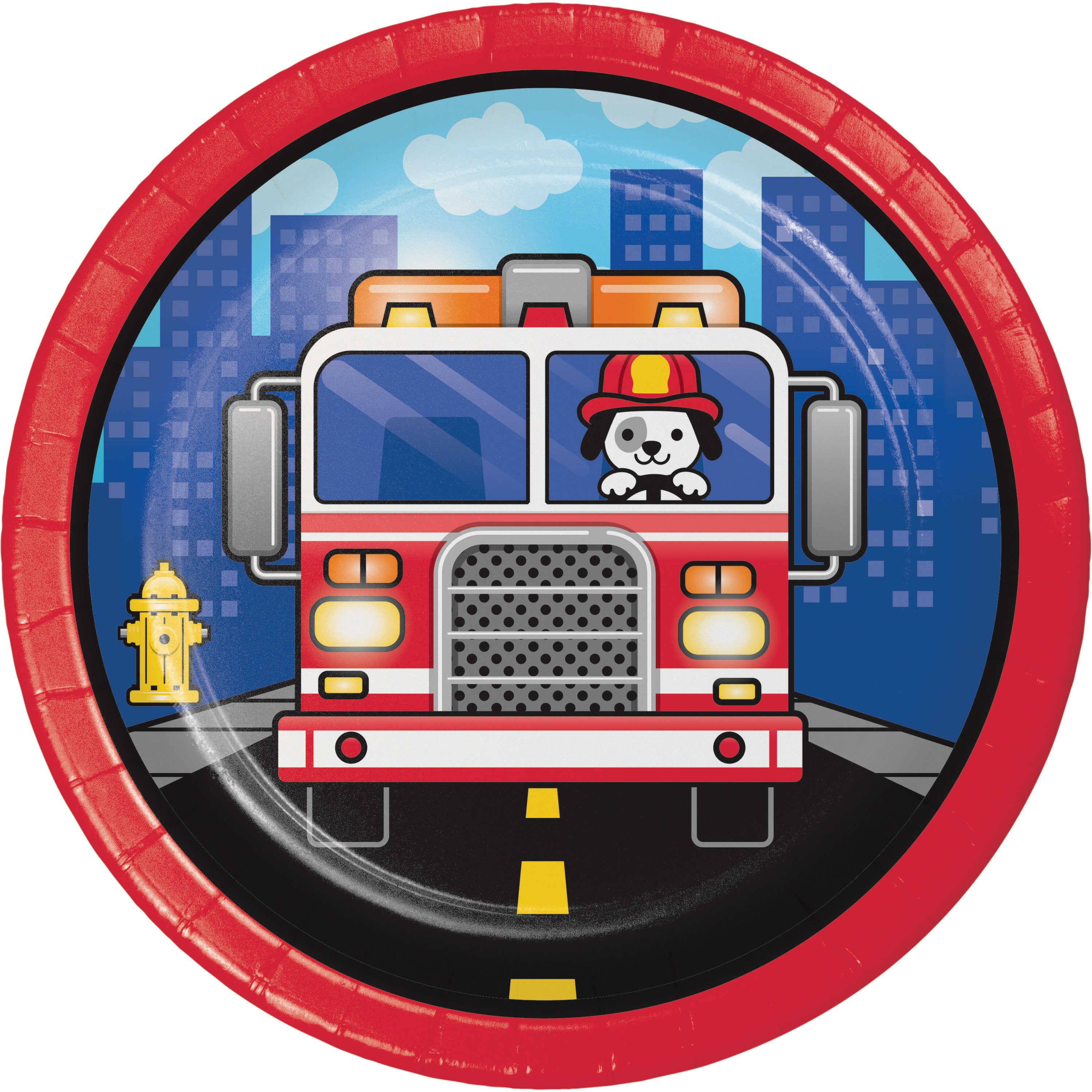 Flaming Fire Truck 7' Dia. Round Paper Luncheon Plate, Case of 96